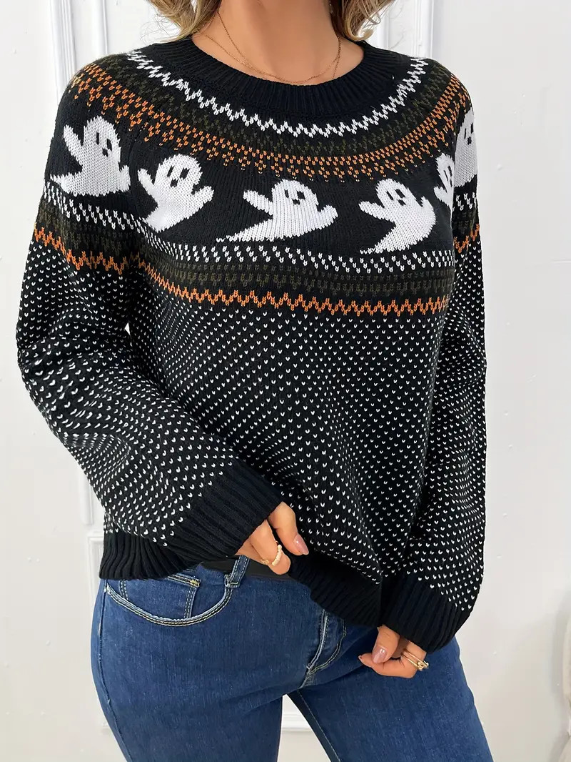 Halloween Ghost Pattern Sweater, Vintage Long Sleeve Crew Neck Sweater, Women's Clothing | Temu Affiliate Program