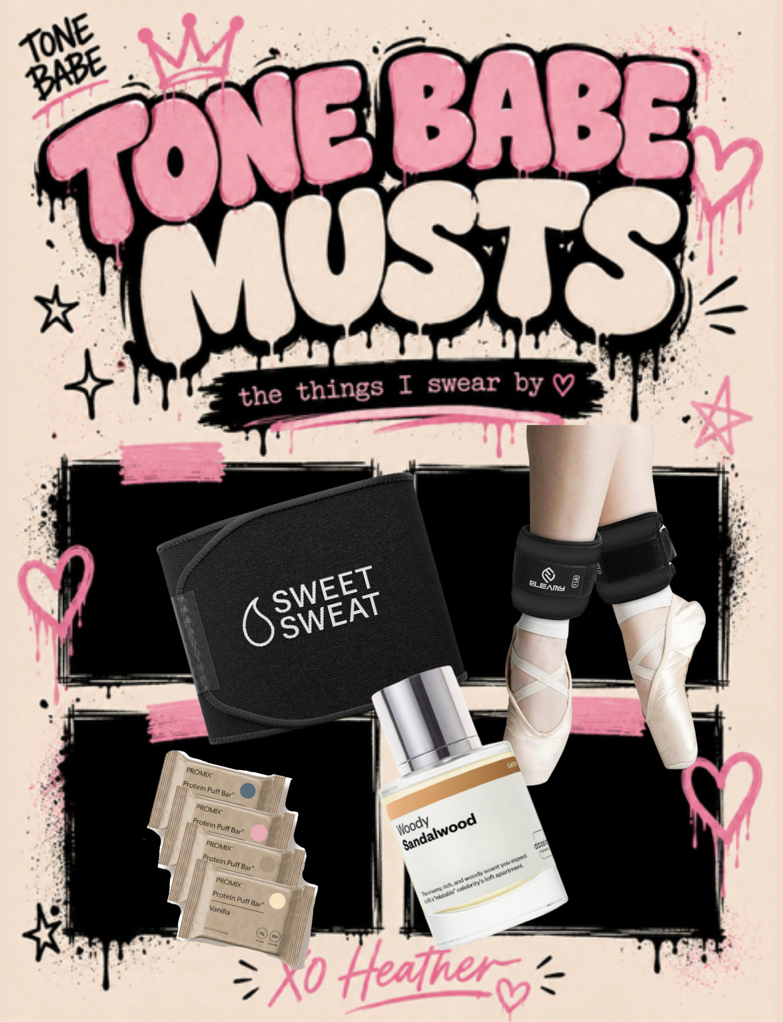 TONE BABE MUSTS.
the things I actually use + swear by.

No giant list of random crap just because I can link it. These are currently in my real-life rotation:

Sweet Sweat for the extra sweaty days.
Ankle weights because apparently I enjoy making everything harder.
PROMIX puff bars when I need protein and need it NOW.
Woody Sandalwood because smelling good absolutely counts as self-care.

That’s it. Things I use. Things I like. Things that don’t suck.

XO Heather 

 #LTKdayinmylife #LTKfitnessgoals #LTKmomlife