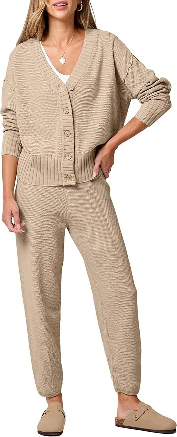 ANRABESS Women 2 Piece Outfits Waffle Knit Long Sleeve Cardigan Set Casual Sweater Pants Lounge S... | Amazon (US)