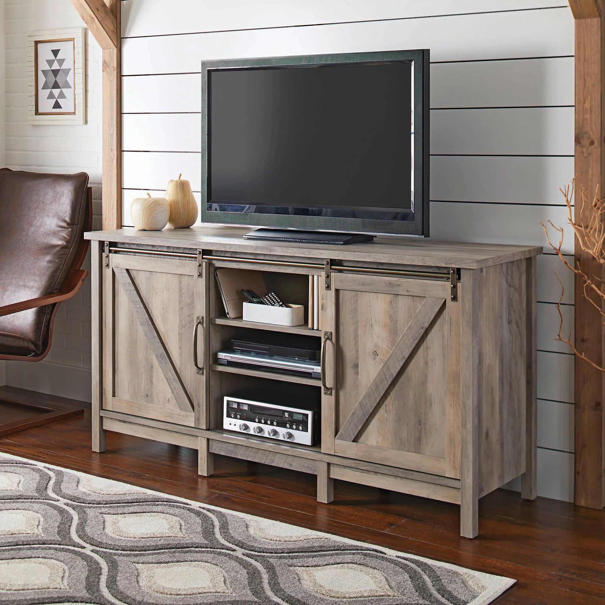 Better Homes & Gardens Modern Farmhouse TV Stand for TVs up to 70", Rustic Gray Finish - Walmart.... | Walmart (US)