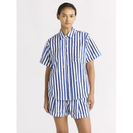 Free Assembly Women s Embellished Cotton Button Up Shirt Sizes XS-XXL | Walmart (US)