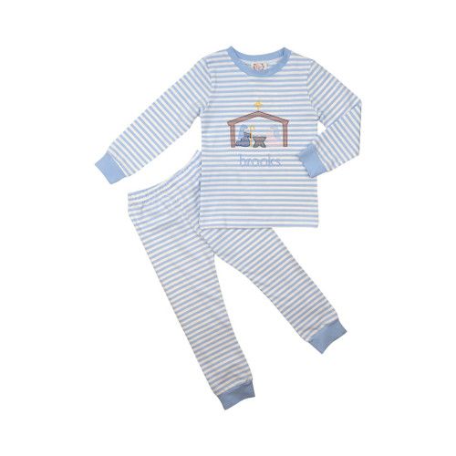 Blue Mini Stripe Knit Manger Scene Pajamas | Cecil and Lou