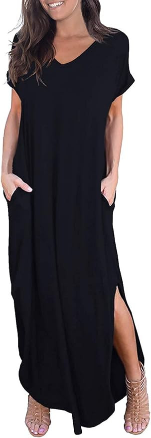 GRECERELLE Women's Casual Loose Pocket Long Dress Short Sleeve Split Maxi Dresses | Amazon (US)