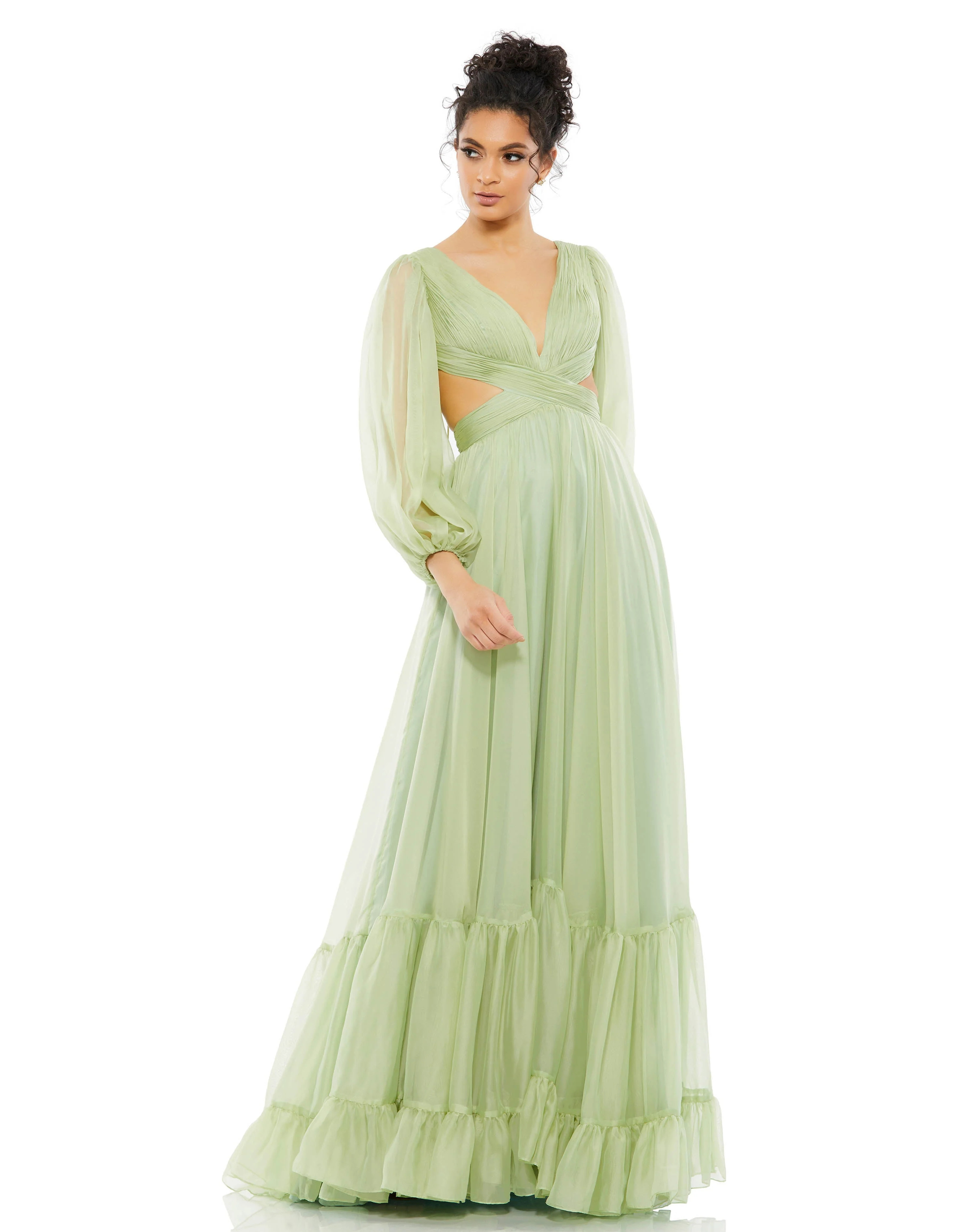 Pleated Cut Out Long Sleeve Lace Up Tiered Gown | Shop Simon