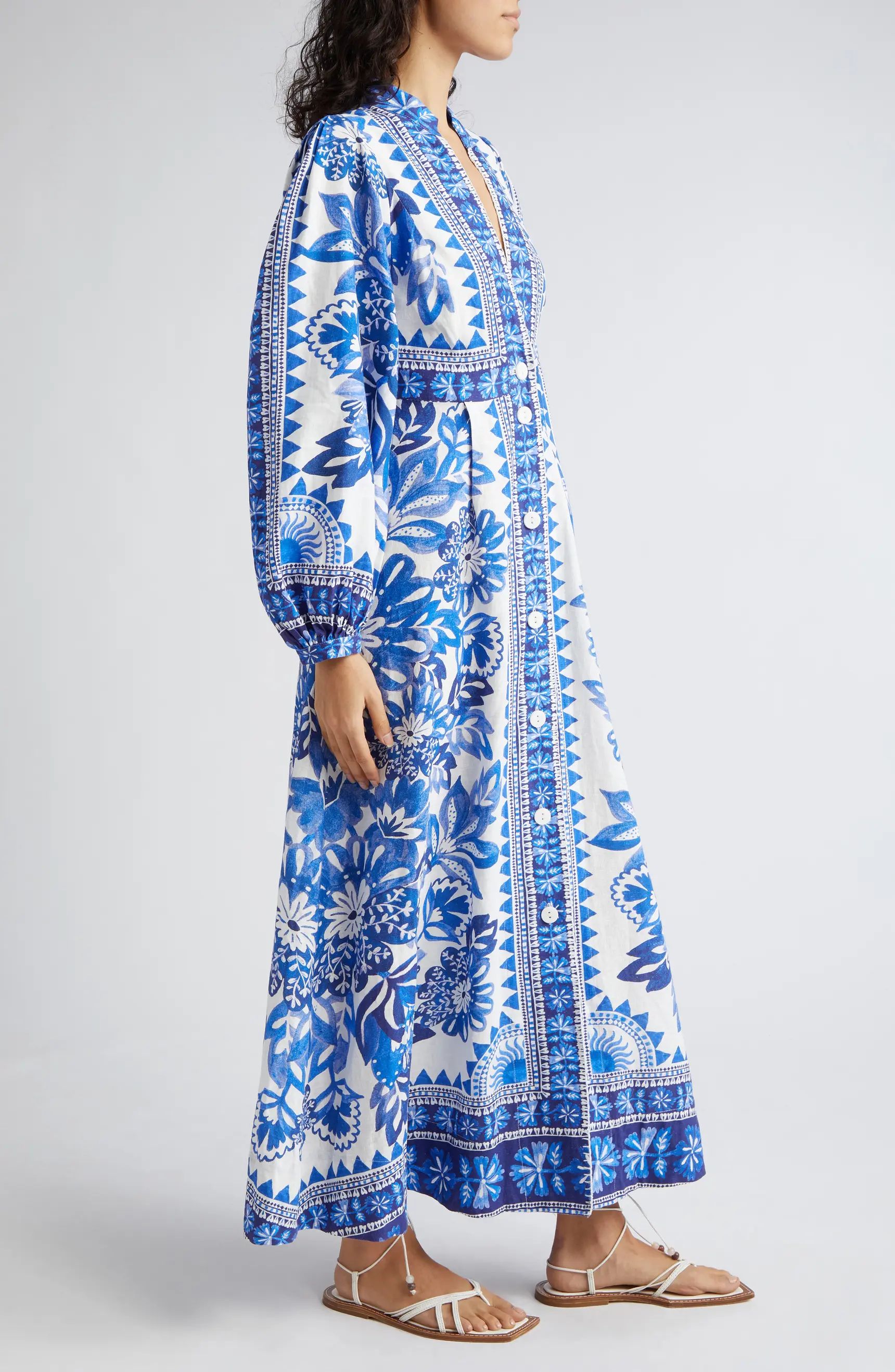 Flora Tapestry Long Sleeve Linen Blend Shirtdress | Nordstrom