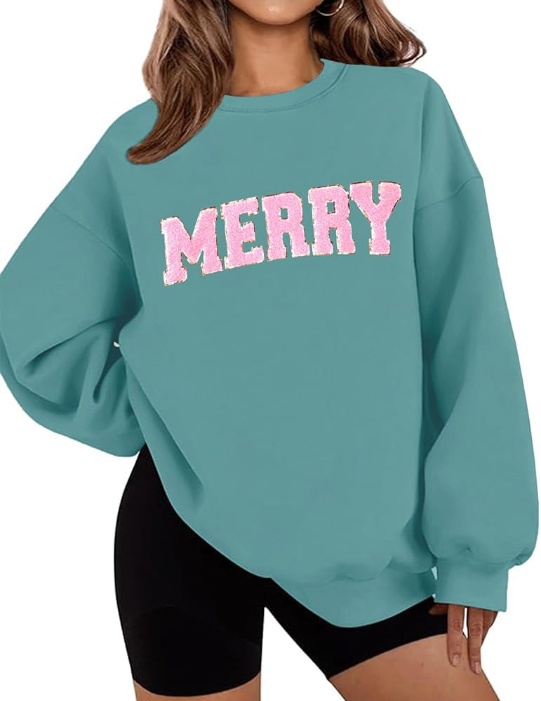 LETSEE Christmas Sweatshirts for Women Merry Chenille Patch Crewneck Oversized Fleece Pullover Xm... | Amazon (US)