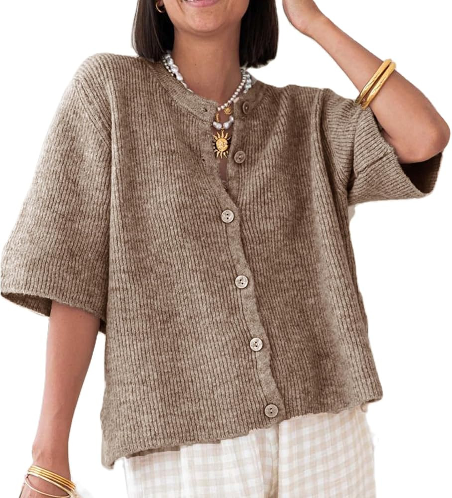 Women's Y2K Button Down Cardigans Shirts Summer Short Sleeve Knitted Blouse Top Going Out Cropped... | Amazon (US)