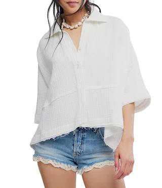 Free People We The Free Happy Days Collared Short Sleeve Button-Front Gauze Top - XS | Dillard's