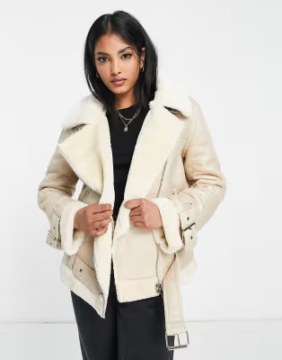 Topshop faux leather shearling aviator biker jacket in off white | ASOS (Global)