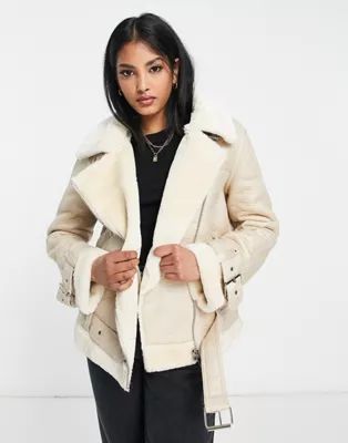 Topshop faux leather shearling aviator biker jacket in off white | ASOS (Global)