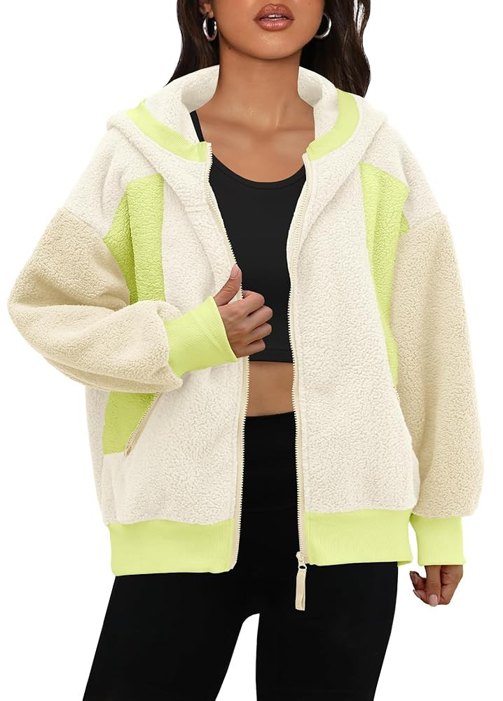 Panadila Womens Fuzzy Fleece Jacket Zip Up Oversized Hoodie Sherpa Warm Coats Color Block Top Out... | Amazon (US)