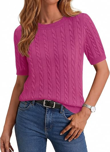 Zeagoo Cable Short Sleeve Sweaters for Women Summer Spring Cute Tops 2026 Trendy Business Causal ... | Amazon (US)
