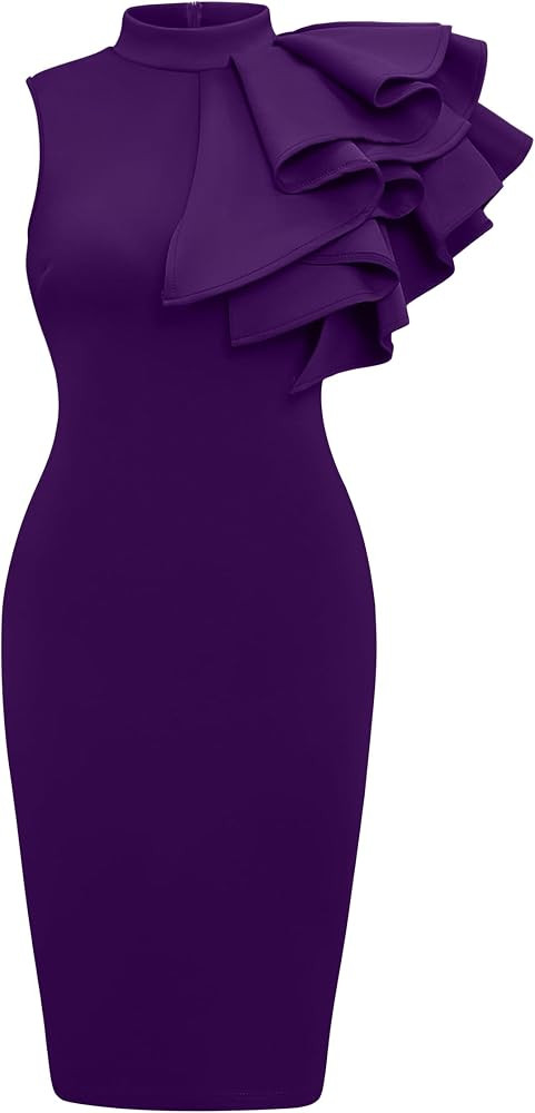 Memoriesea Women's Ruffle Sleeveless Bodycon Knee Length Party Pencil Midi Dress | Amazon (US)