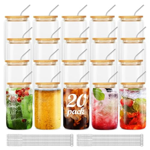 ASKIZ [20Pcs Set] Glass Cups With Bamboo Lids And Straws,16Oz Glass Water Bottles Glass Jars Cups Drinking Glasses, Beer Glasses Ice Coffee Glasses For Juicing Coffee Soda Tea | Amazon (US)