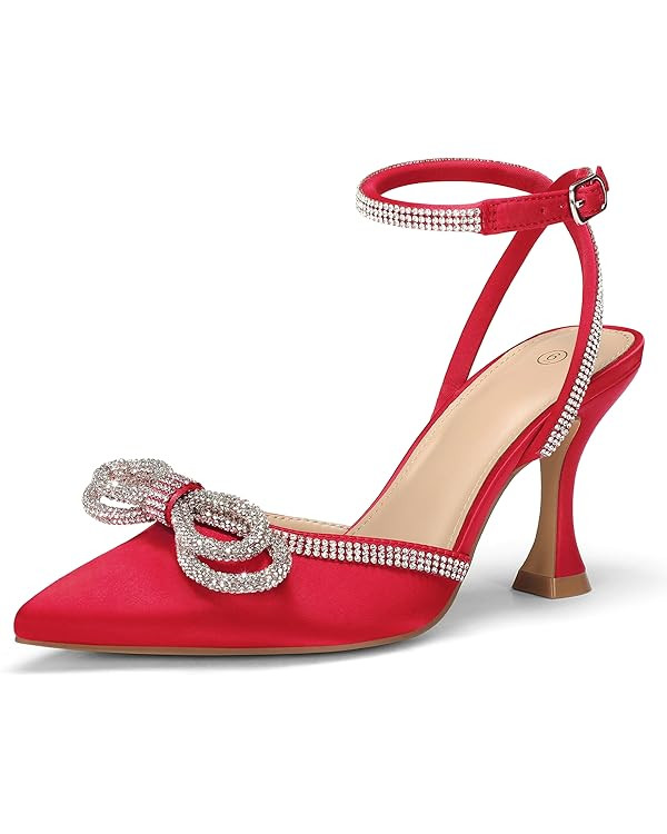 mysoft Women's Rhinestone Bow Pumps Wedding Dress Shoes Pointed Toe Ankle Strap Kitten Heels | Amazon (US)