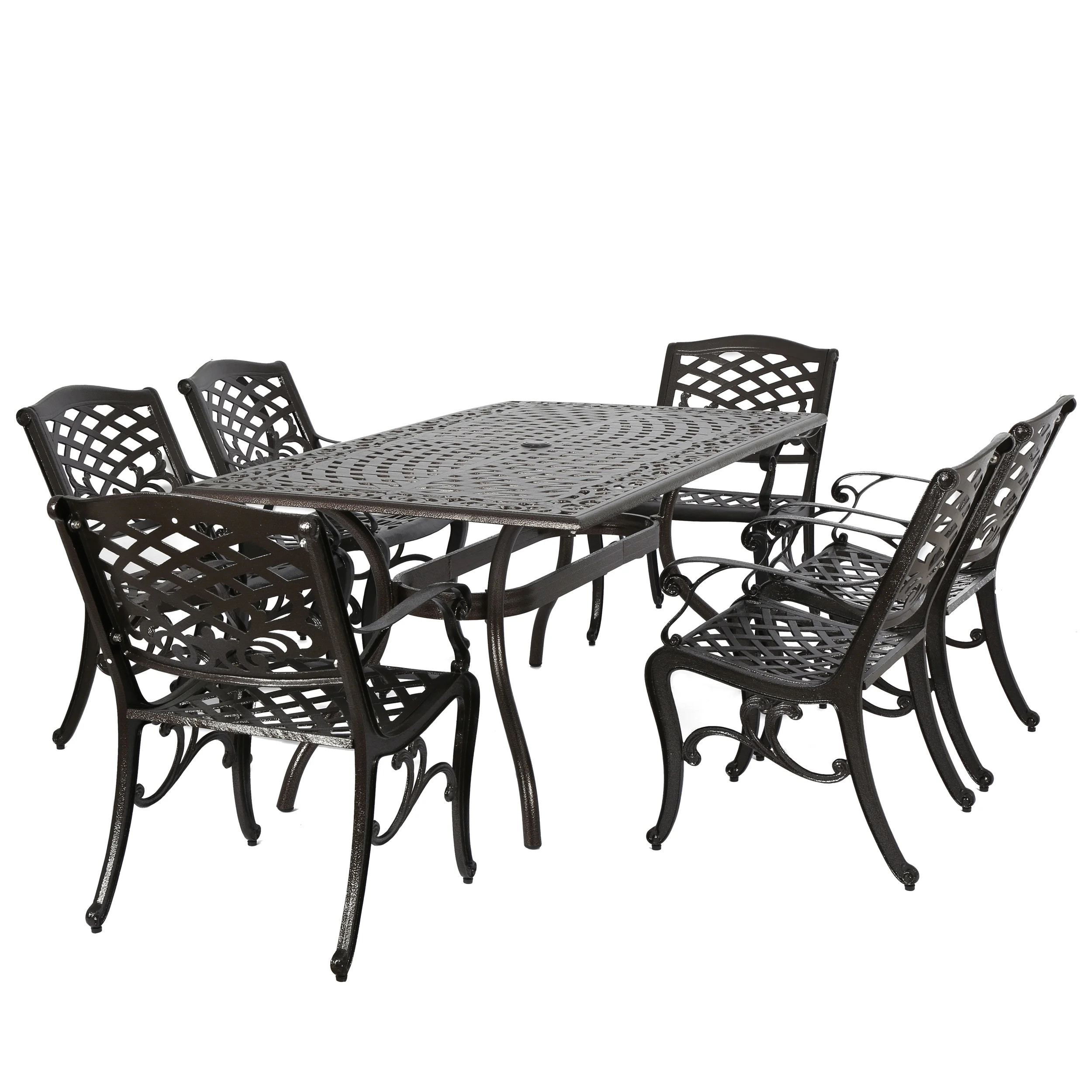 Noble House Hammond Hammered Bronze Cast Aluminum 7-Piece Rectangular Outdoor Dining Set | Walmart (US)