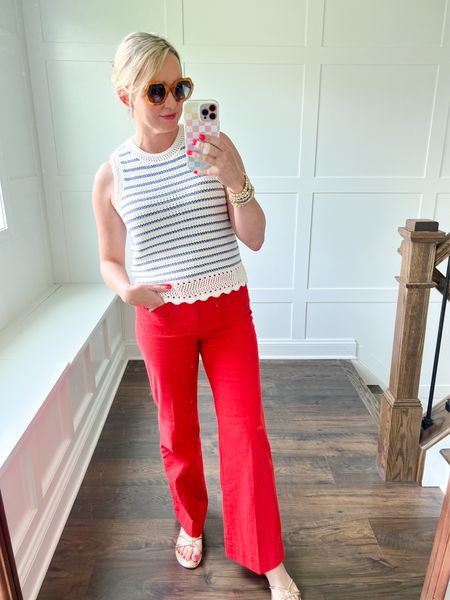 Red white blue and on sale! These chino pants are so comfortable and this crochet sweater tank is selling fast! Wearing size small in the tank and size 27 in the pants. Code KATI15 can be used for the sunglasses (and all purchases at Avara). Code KATI15 can also be used on my bracelets from Kylie and Bryn! 

#LTKSaleAlert #LTKFindsUnder50 #LTKOver40