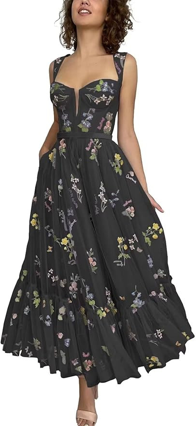 Basgute Women's Flower Embroidery Tulle Prom Dresses Corset Long Spaghetti Strap Fairy Ruched For... | Amazon (US)