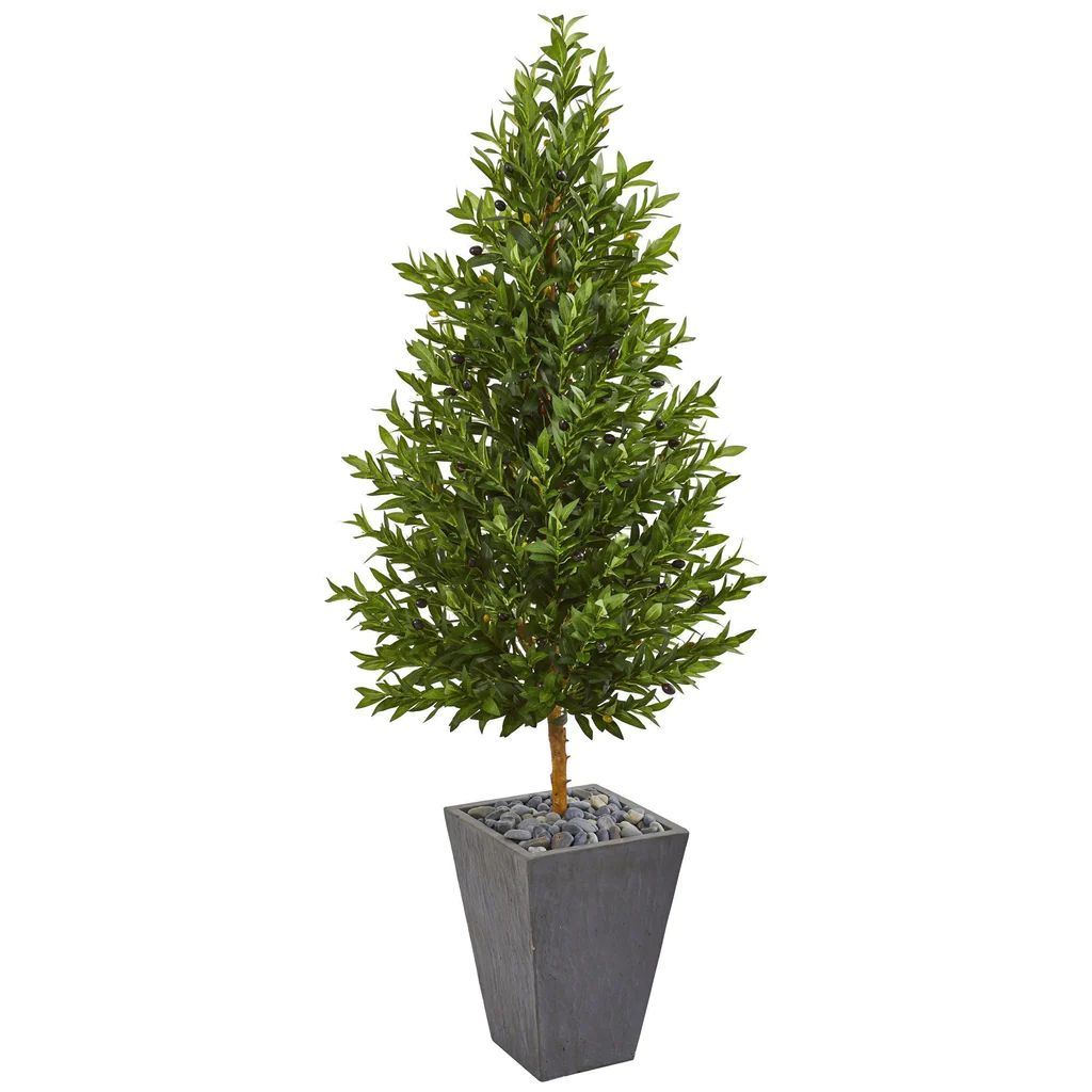 67” Olive Cone Topiary Artificial Tree in Slate Planter UV Resistant (Indoor/Outdoor) | Nearly Natural