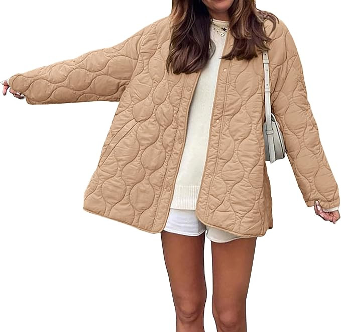 PRETTYGARDEN Women's Fall Fashion 2023 Quilted Bomber Jacket Casual Oversized Button Down Coat Ou... | Amazon (US)