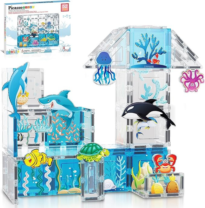 PicassoTiles Magnet Tiles Magnetic Building Blocks Aquarium Marine Animal Theme Set with 8 Charac... | Amazon (US)