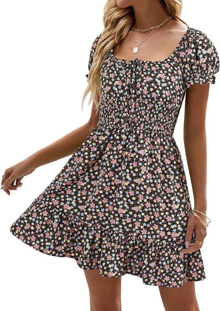 Heysolo Womens Boho Floral Smocked Square Neck Short Sleeve Ruffle Beach Summer Mini Dress Brown ... | Amazon (US)