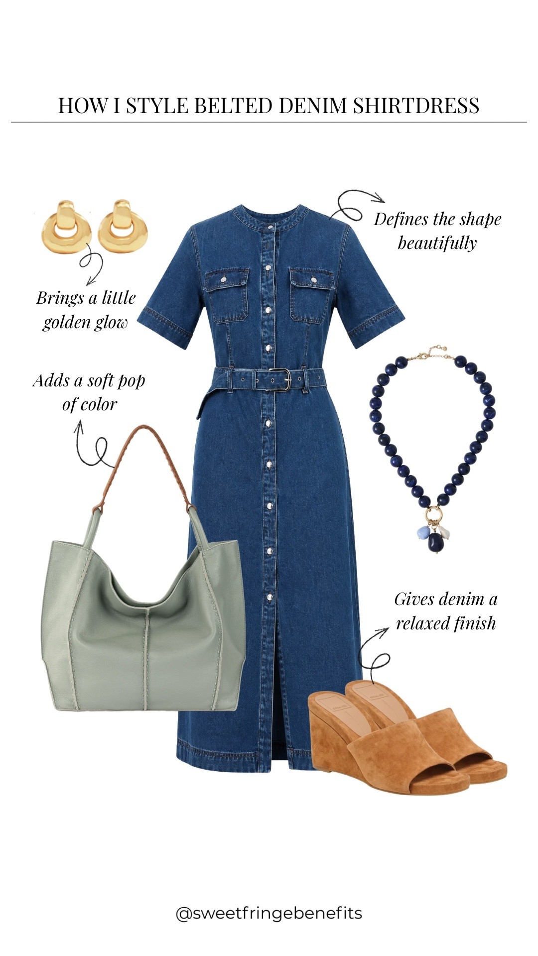 A denim shirtdress like this makes getting dressed pretty simple. I’d add the soft green bag, a little gold, and those suede wedges and call it a day.

#LTKootd #LTKPetite #LTKOver40