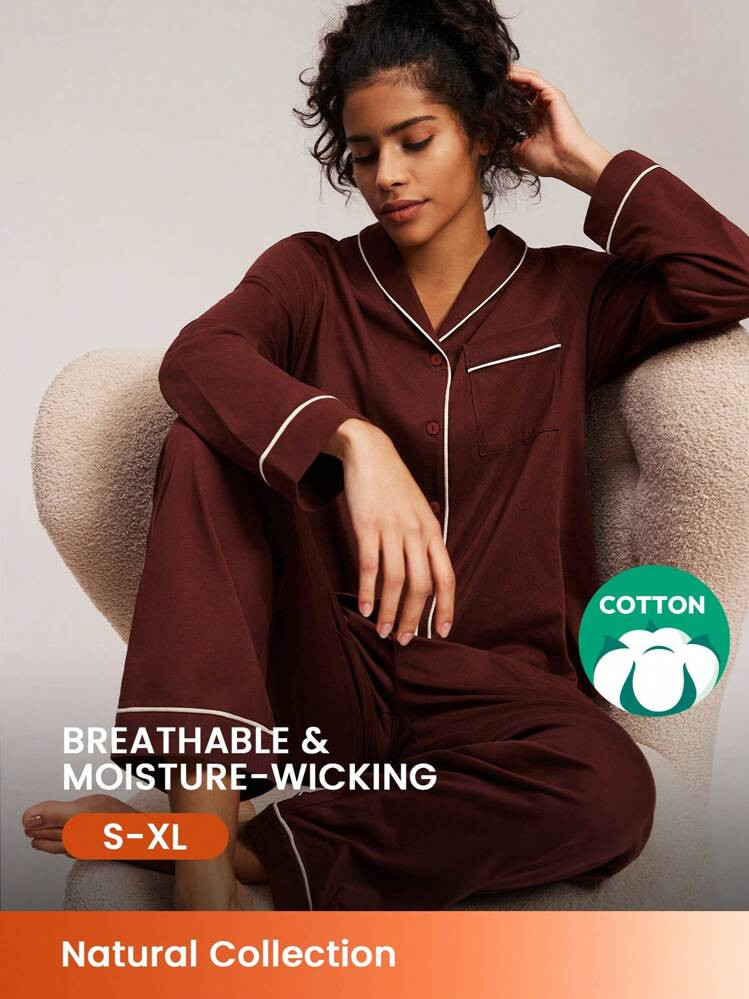 Pigiama Natalizio E Di Capodanno, Autunno E Inverno, Rosso, Morbido, 100% Cotone Puro, Set Di Pigiama Lungo Di Base Per Donna, Set Di Abbigliamento Da Relax Con Pantaloni Con Tasche, Pigiama In Cotone | SHEIN