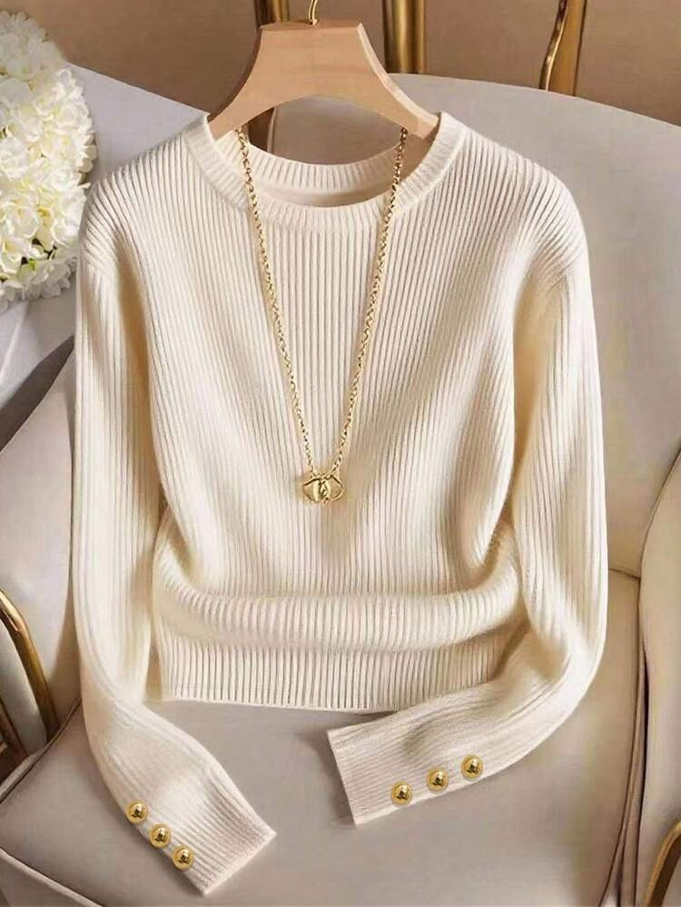 Airaco Elegant Round Neck Knit T-Shirt, Minimalist Fashion Knit Top, Autumn/Winter | SHEIN