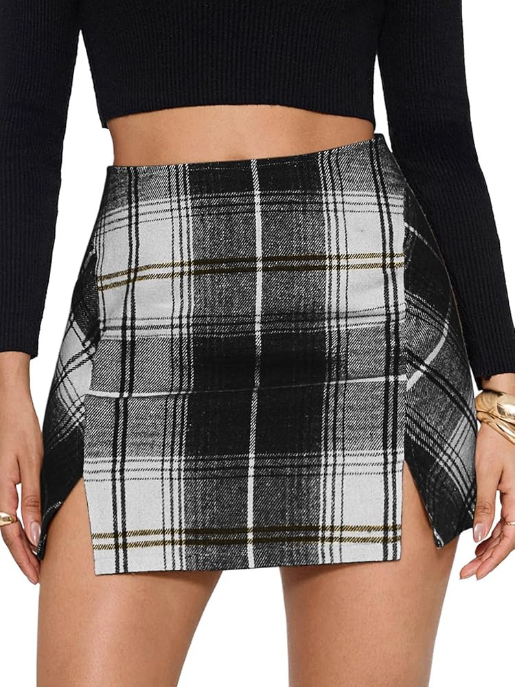 EXLURA Women's Fashion Faux Wool Mini Skirt High Waisted Y2K Trendy Side Slit Tweed Plaid Skirts ... | Amazon (US)