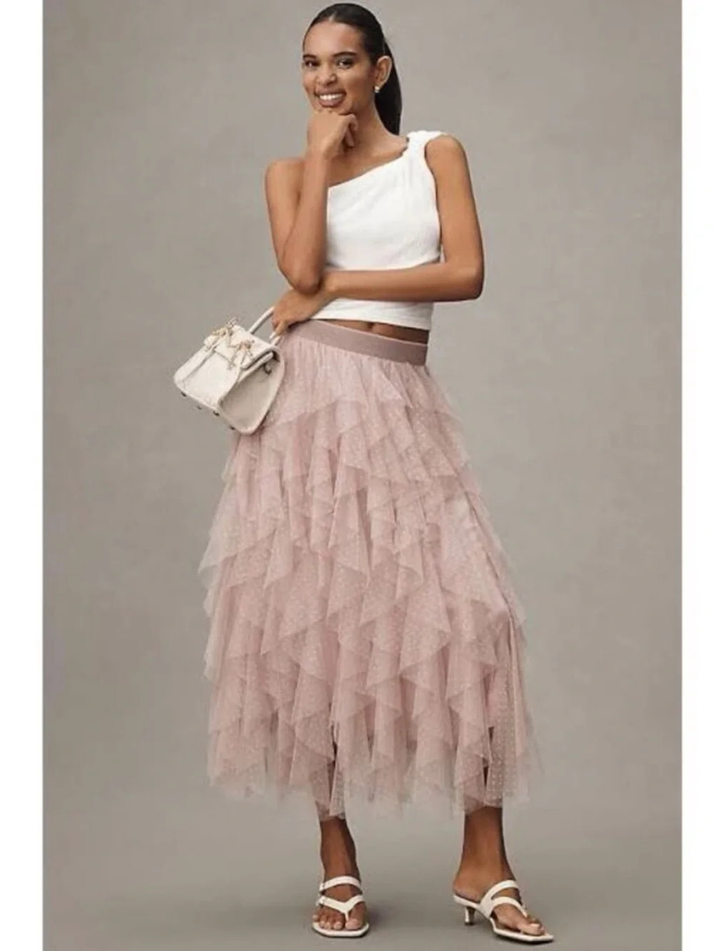 Anthropologie The Ch\u00e9ri Ruffled Tulle Midi Skirt in Blush Mauve Dusty Rose XL | Poshmark