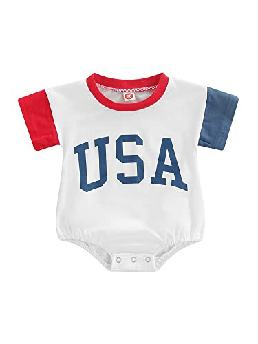 Kiluex Toddler Baby Boy Girl 4th Of July Romper Short Sleeve Crewneck Jumpsuit Contrast Color Letter Print Bodysuit (A-a-Red, 0-3 Months) | Amazon (US)