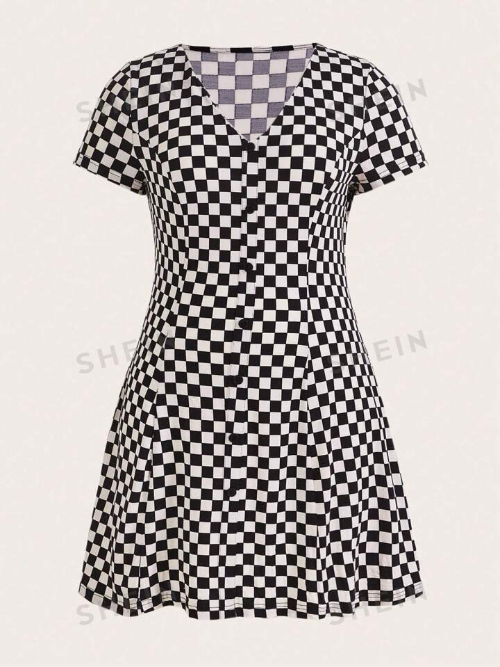 SHEIN EZwear Plus Checker Print Button Front Dress | SHEIN