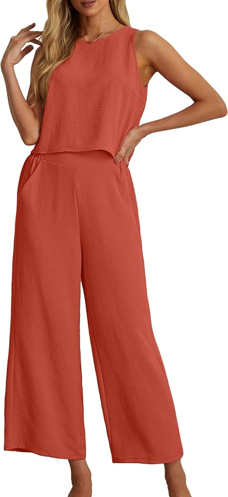 IWOLLENCE Women's Summer 2 Piece Outfits Set Round neck Sleeveless Tank Crop Top Wide Leg pants S... | Amazon (US)