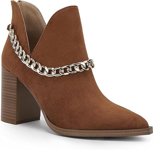 Womens Cut Out Ankle Boots Gold Chain Chunky Heel Back Zipper Almond Toe Western Booties | Amazon (US)