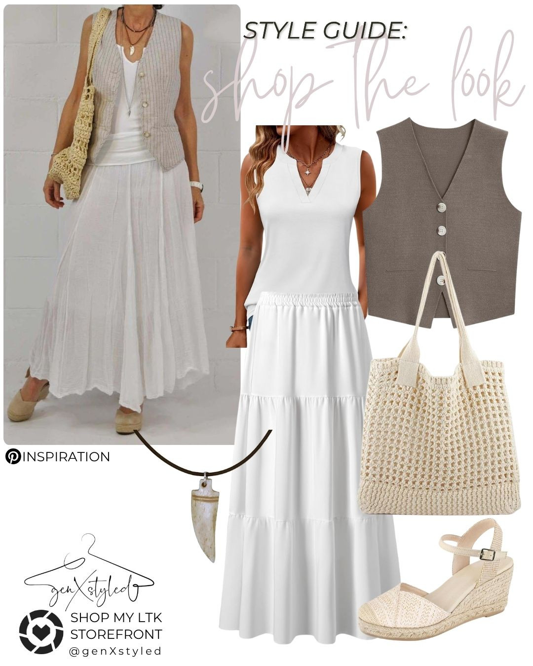 Channeling breezy elegance with this Pinterest inspirational outfit that’s perfect for warm-weather days! 🤍 From the flowy white maxi skirt to the structured vest and crochet accessories, every piece is giving effortless style and yes, you can shop it all on Amazon!  

 #LTKSummerEdit #LTKSeasonal #LTKStyleTip