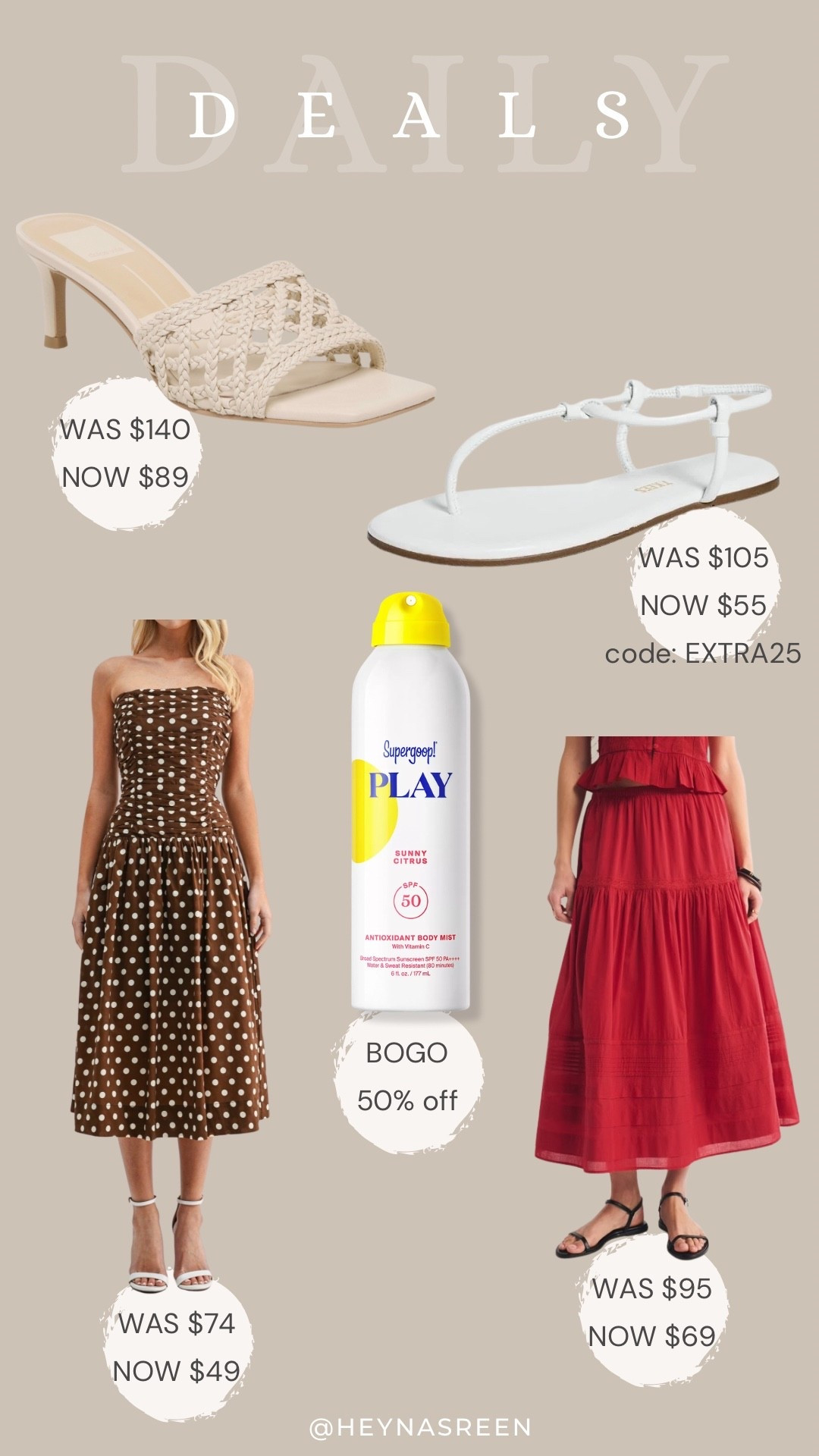 Daily deals on Dolce Vita heels, TKEES sandals, Supergoop mist sunscreen, Abercrombie skirt, All in Favor dress
