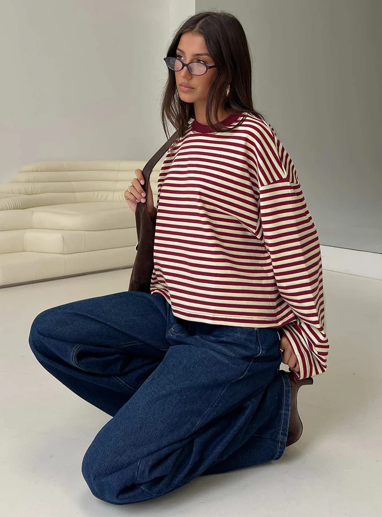 Bloom Long Sleeve Top Wine Stripe | Princess Polly AU