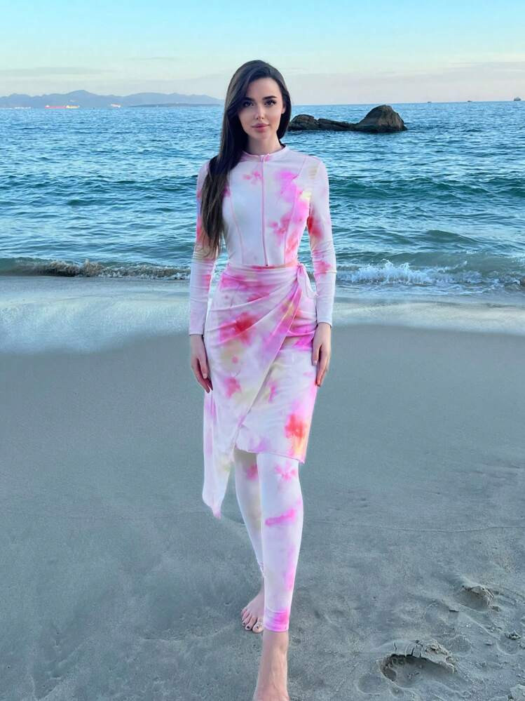 Swim Shayni Summer Beach Ladies' Tie-Dye One-Piece Swimsuit Set Arabic Clothing | SHEIN