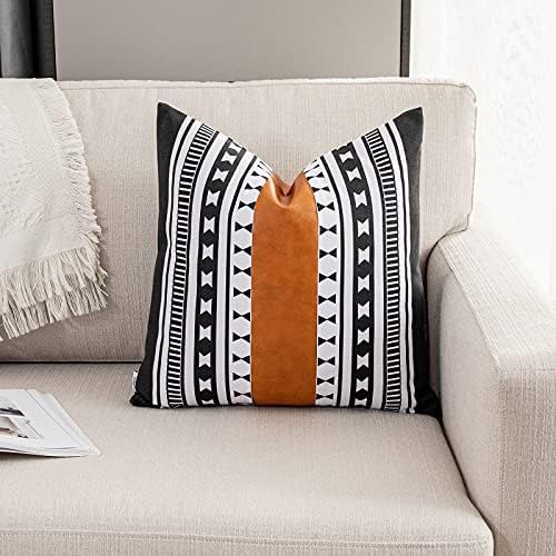 Vfuty Modern Couch Pillow Cover, Decorative Black White Boho Throw Pillow Case 18x18 inch Faux Le... | Amazon (US)