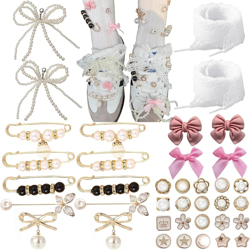 Junk Socks Charms for Sneakers Socks Safety for Sambas Y2k Pearl Bow Lace Shoelace Charms Set 38P... | Amazon (US)