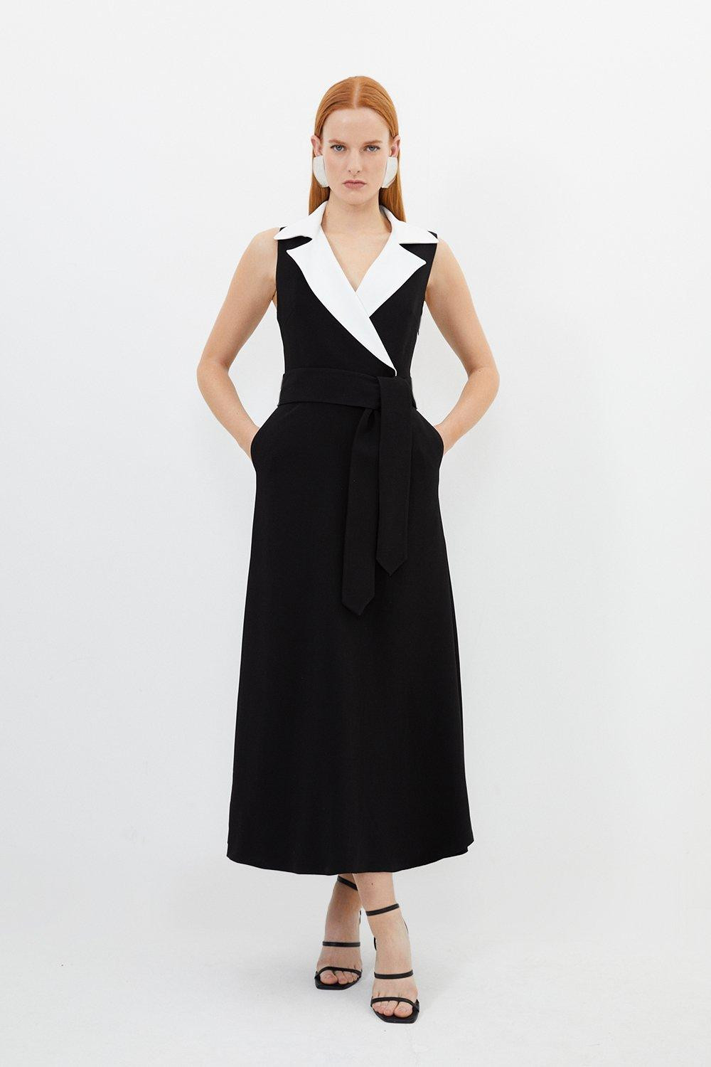 Compact Stretch Viscose Belted Tailored Midi Shirt Dress | Karen Millen US