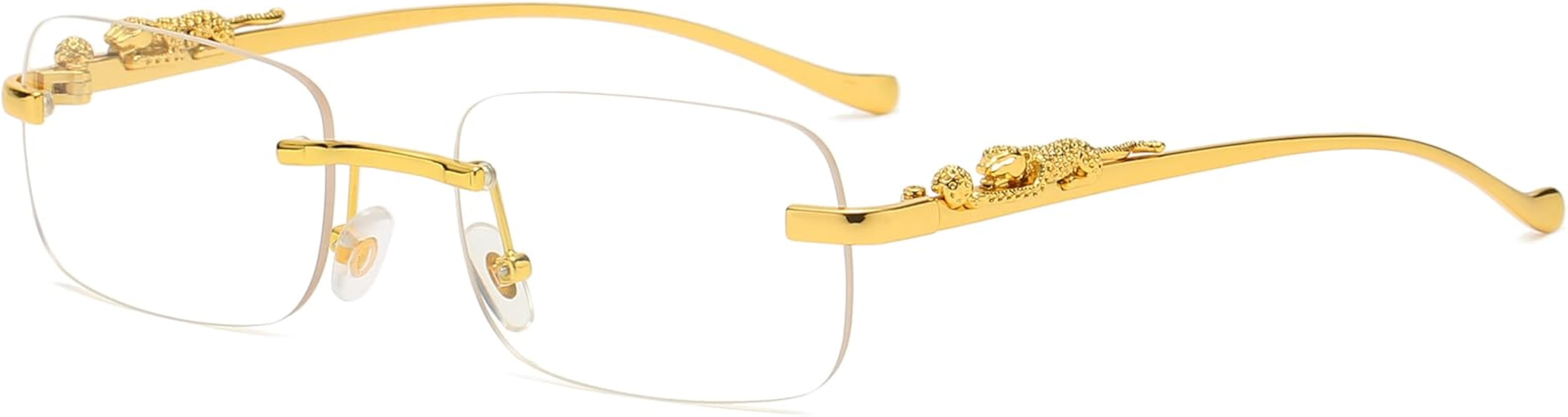 Vintage Small Rimless Rectangle Sunglasses Metal Gold Silver Leopard Eyewear for Women Men | Amazon (US)