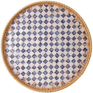 Round Rattan Tray with Mother of Pearl Inlay, Rattan Serving Tray with Wooden Base, Decorative Wi... | Amazon (US)