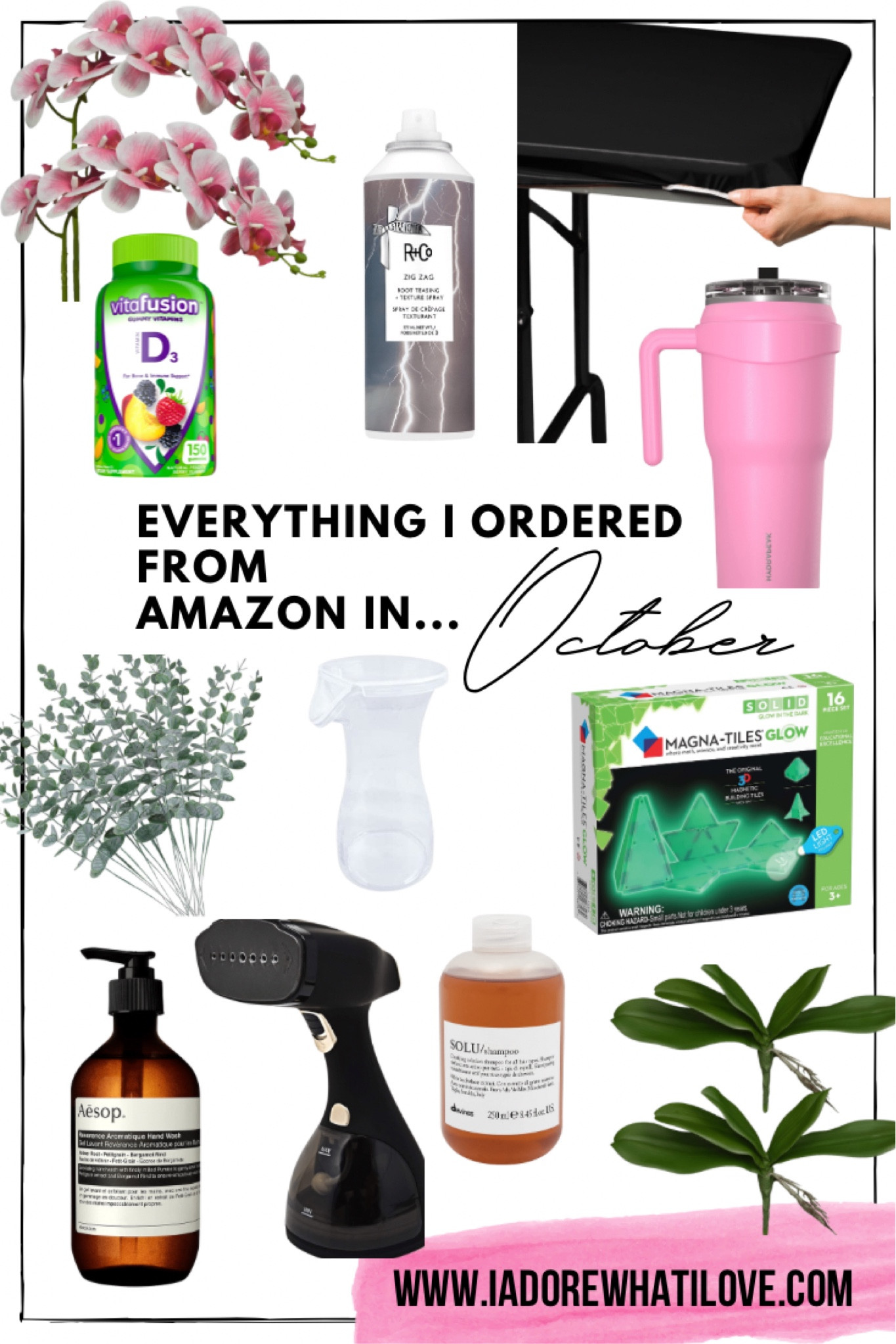 Amazon finds from October! 

- Plastic Juice/Beverage Decanter Jars with Lids
- R+Co Zig Zag Root Teasing + Texture Spray
- 20pcs Faux Eucalyptus Stems Flowers
- Aesop Reverence Aromatique Hand Wash
- Creative Converting Stay-Put Plastic Table Cover
- Vitafusion Vitamin D3 Gummy Vitamins
- Magna-Tiles Glow In The Dark Set
- Fake Faux Orchid Flower Stems
- Fake Faux Orchid Leaves
- Davines SOLU Shampoo, Clarify And Remove Residue
- Electrolux Portable Handheld Garment and Fabric Steamer
- Hydrapeak Roadster 40oz Tumbler with Handle and Straw Lid

#LTKfamily #LTKunder50 #LTKhome