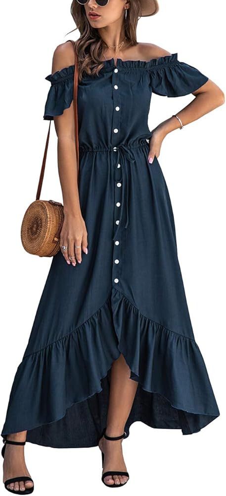 KIRUNDO 2021 Summer Women’s Off Shoulder Maxi Dress Polka Dots Short Sleeves High Waist Pleated Long | Amazon (US)