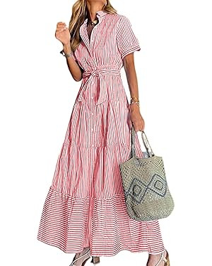 utcoco Womens Casual Short Sleeve Button Down Tie Waist Ruffled Striped Maxi Shirt Dress | Amazon (US)