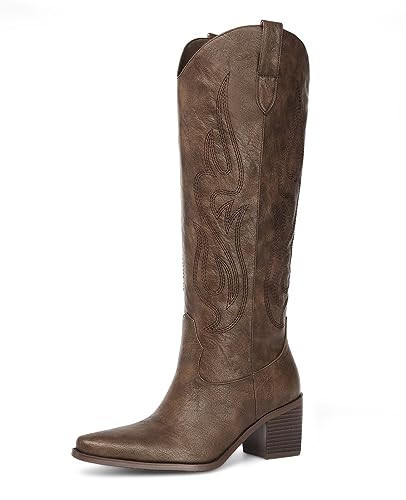 Pasuot Brown Cowboy Boots for Women - Wide Calf Cowgirl Knee High Western Boots with Side Zip and Embroidered, Pointed Toe Chunky Heel Retro Classic Tall Boot Pull On for Ladies Fall Winter US 9.5 | Amazon (US)