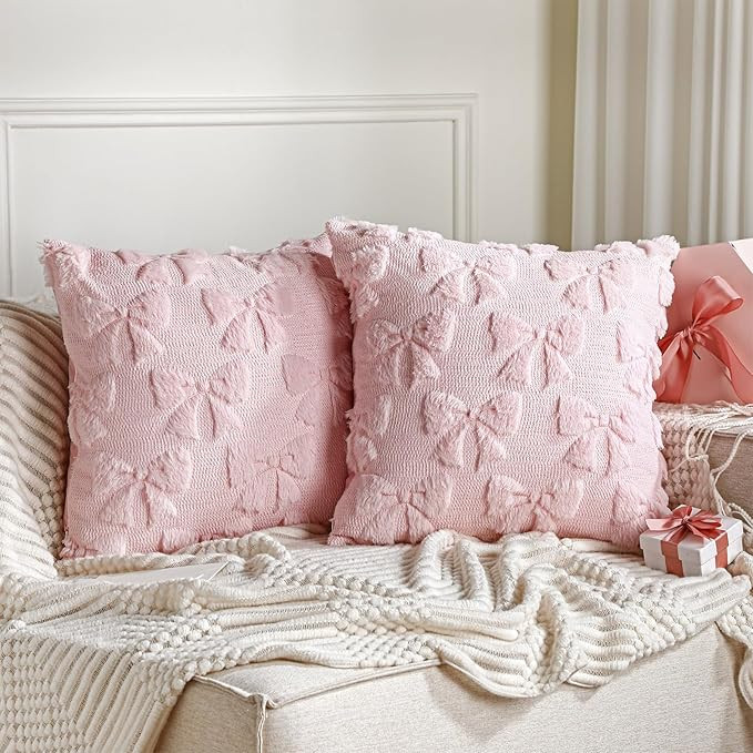 Mixweer Bow Pillow Covers 18x18 Set of 2 Coquette Room Decor Cute Faux Fur Soft Coquette Bowknot ... | Amazon (US)