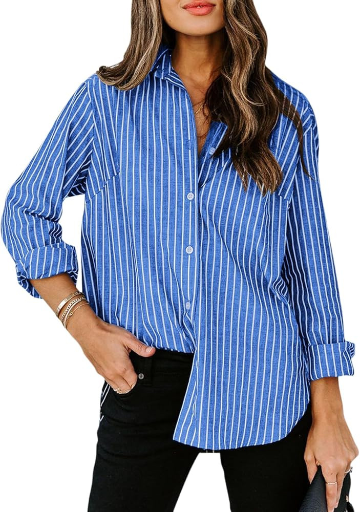 siliteelon Womens Button Down Shirts Cotton Striped Dress Shirt Long Sleeve Collared Office Work ... | Amazon (US)